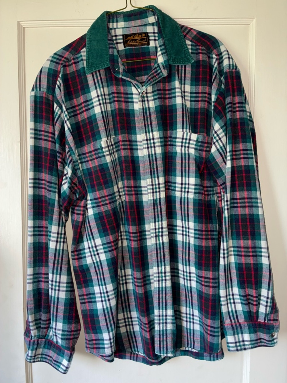 Vintage Eddie Bauer Flannel Shirt Adult Large Corduroy Collar Plaid 90s Outdoor